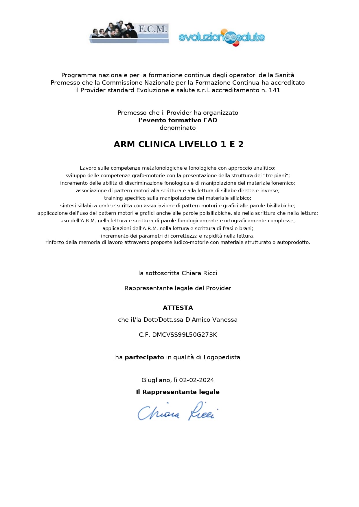 Attestato ARM Clinica