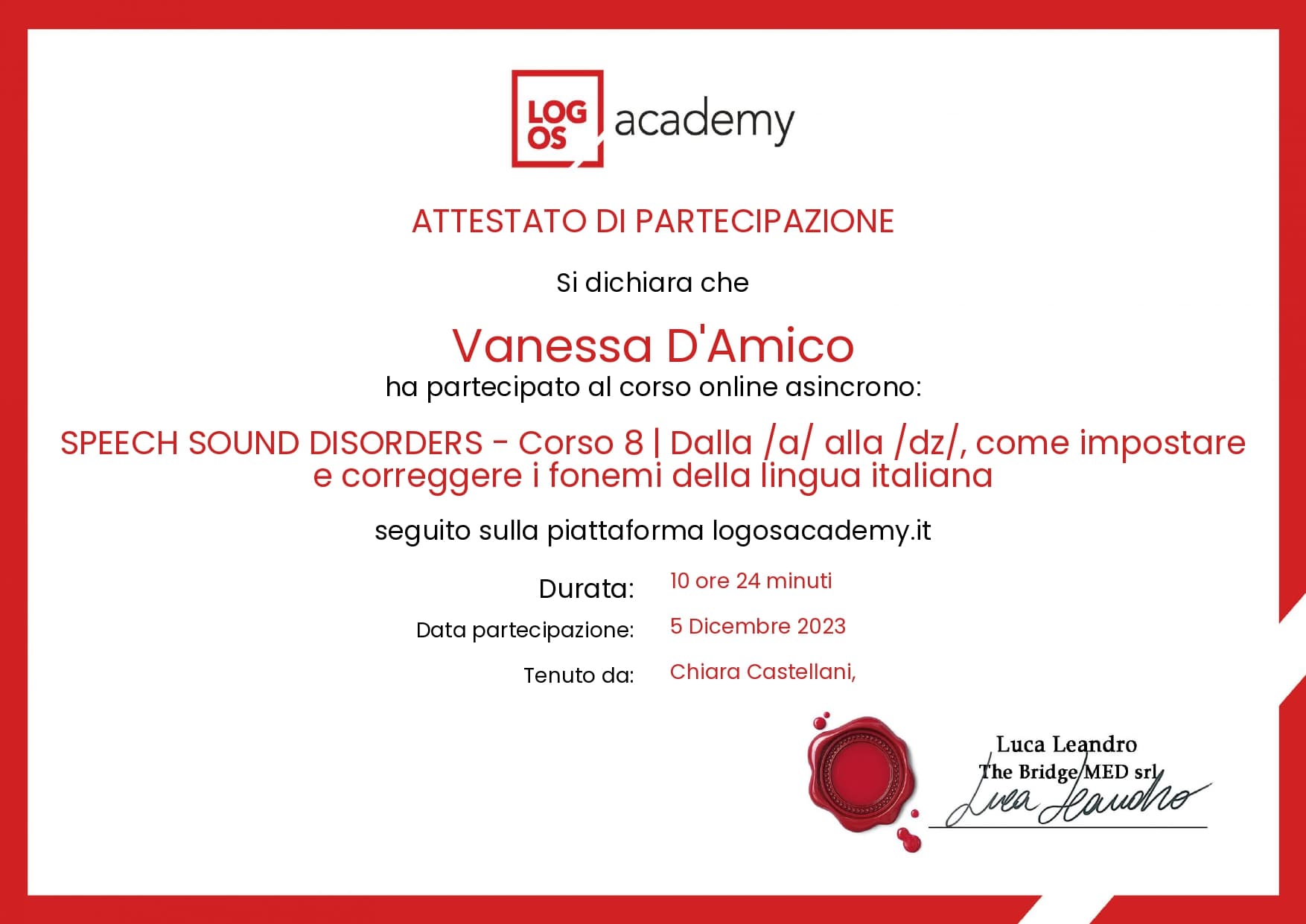 Attestato Speech Sound Disorders