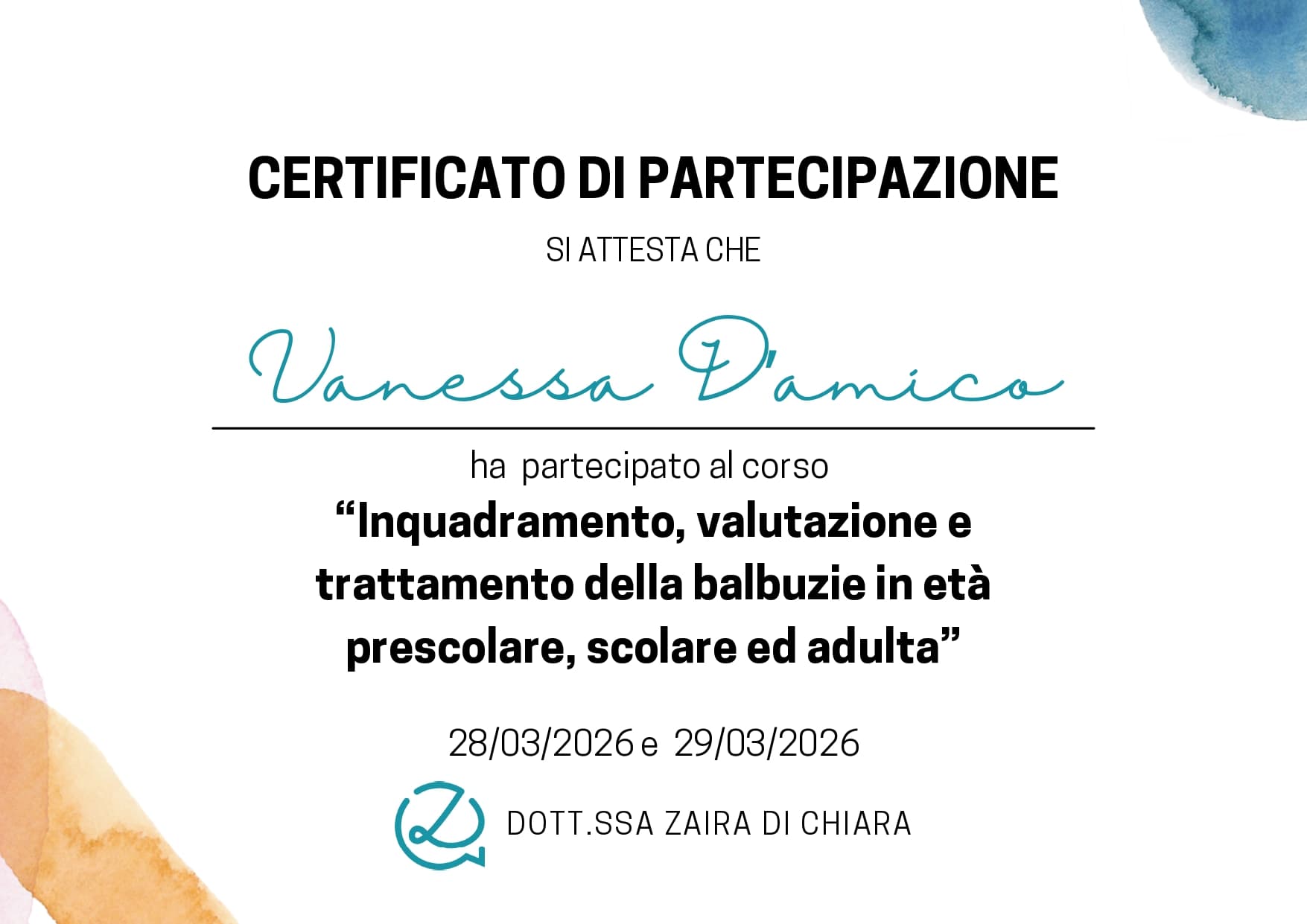 Attestato Trattamento Balbuzie